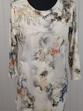Lisette L Montreal Watercolor Scenic Landscape 3/4 Sleeve Tunic Top Medium